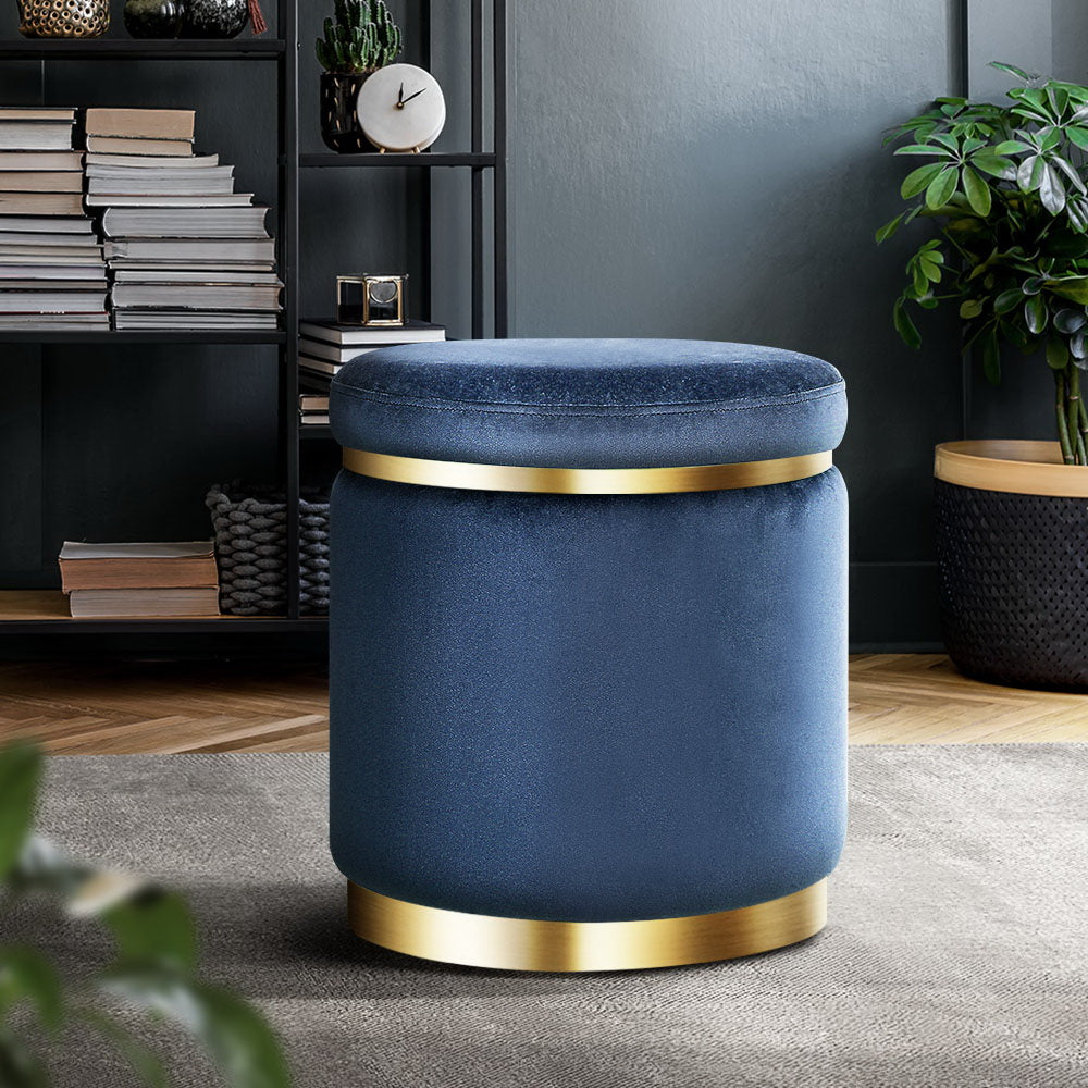 Artiss Foot Stool Round Velvet Ottoman Foot Rest Pouf Padded Seat Footstool Navy