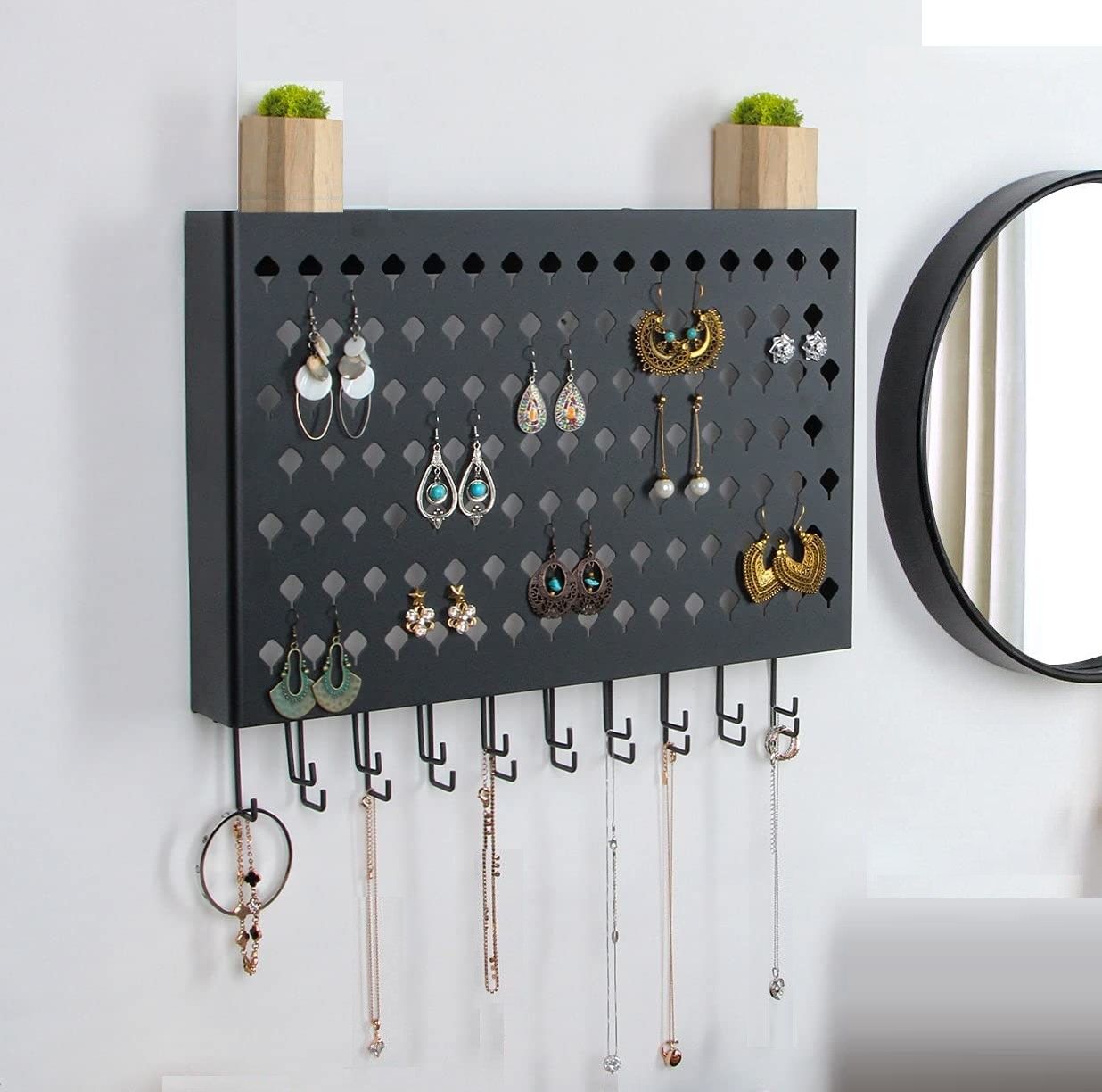 Wall Mount Earring Jewelry Hanger Organizer Holder with 109 Holes and 19 Hooks (Black)