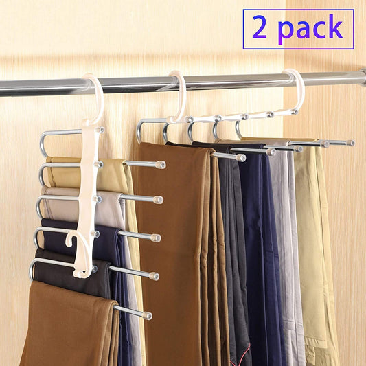 pants hanger 2 Pack Adjustable Multi-Layer 5 in 1 Pants Hanger for Wardrobe and Home Storage (White)