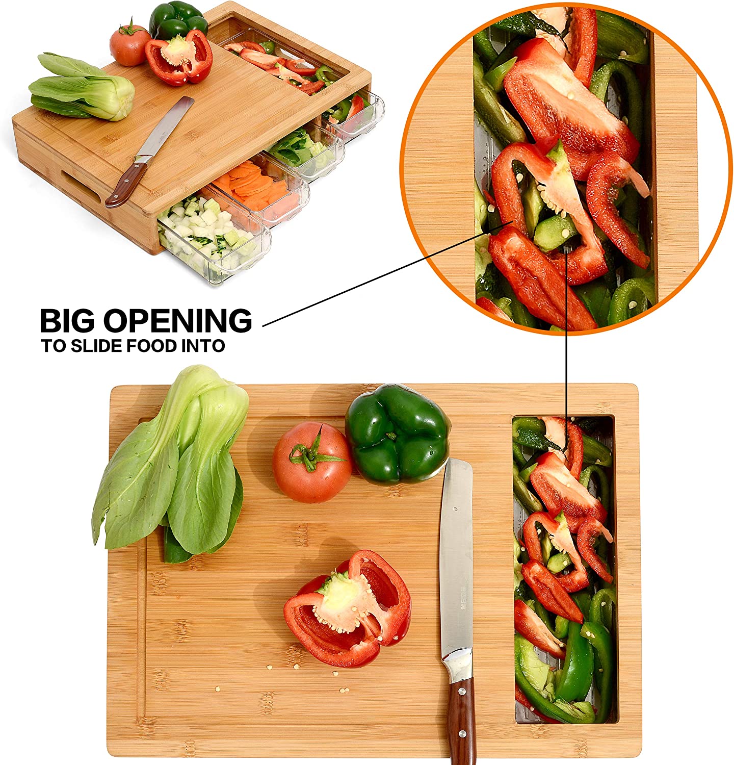 Large Bamboo Cutting Board and 4 Containers with Mobile Holder gift included for Home Kitchen