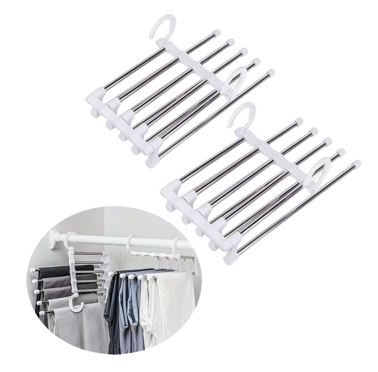 Pants hanger 2 Pack Stainless Steel Adjustable 5 in 1 Pants Hangers Non-Slip Space Saving for Home Storage