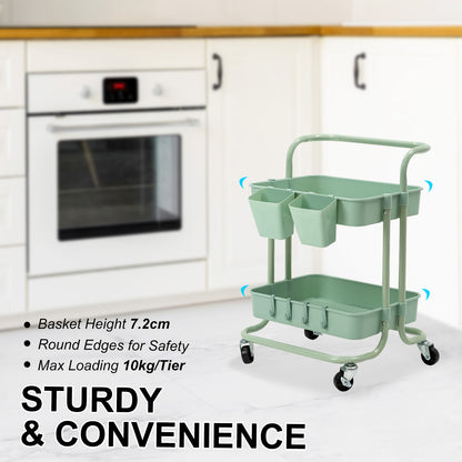 Kandoka 2 Tier Green Trolley Cart Storage Utility Rack Organiser Swivel Kitchen