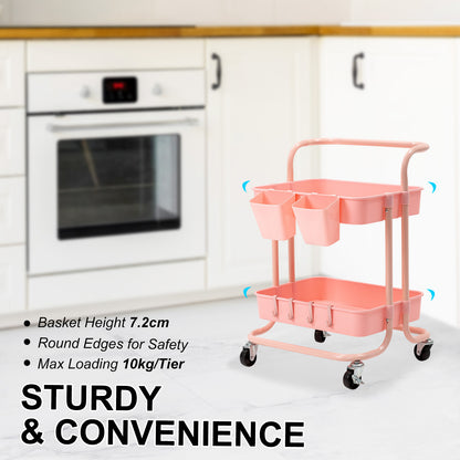 Kandoka 2 Tier Pink Trolley Cart Storage Utility Rack Organiser Swivel Kitchen