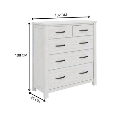 Foxglove Tallboy 5 Chest of Drawers Solid Ash Wood Bed Storage Cabinet - White